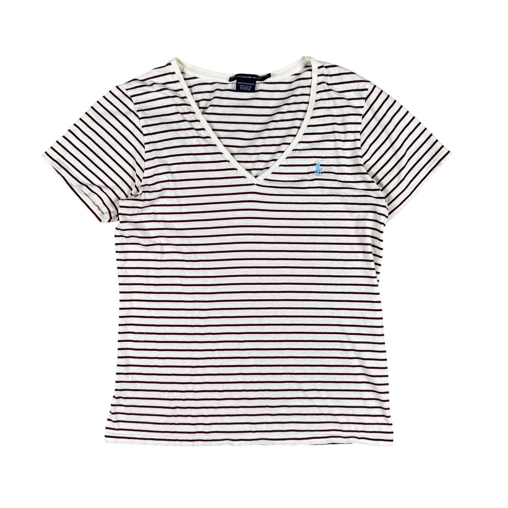 Ralph Lauren Sport Y2K Women's XL Striped‎ V-Neck T-Shirt Burgundy White Polo